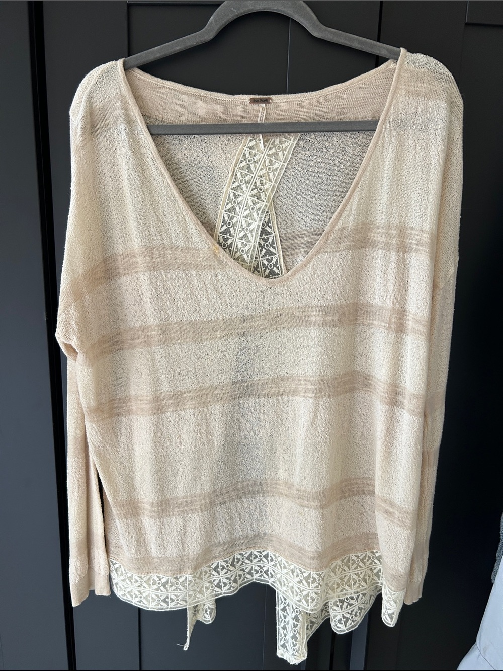 Free People Cream Striped Lightweight V-Neck Sweater with Lace Hem